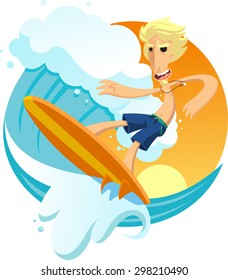 Surfer riding wave with surfboard at the beach, vector illustration cartoon. 