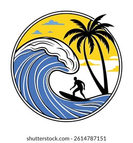 Surfer Riding Wave Under Palm Trees at Sunset editable vector