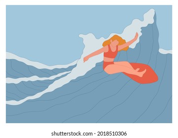 Surfer riding the wave. Vector hand drawn illustration.