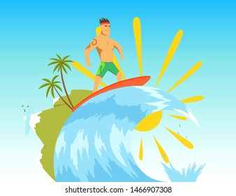 Surfer riding the wave. Vector illustration in flat stile.
