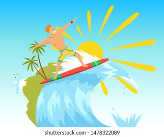 Surfer riding the wave. Vector illustration in flat stile.