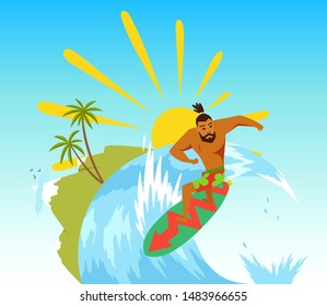 Surfer riding the wave. Vector illustration in flat stile.