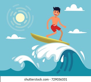 Surfer Riding The Wave. Vector Illustration In Flat Stile