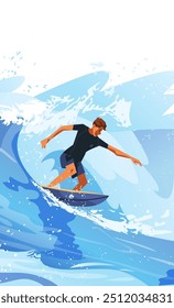 Surfista equitação ondas oceano aventura esportes de verão. Cena dinâmica com um homem surfando grandes ondas azuis cores vibrantes. Perfeito para banner de design de site ou tela de aplicativo móvel