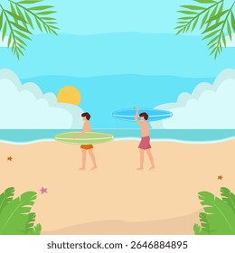 Surfer riding waves at a tropical beach under sunny skies. Perfect for adventure and travel themes.