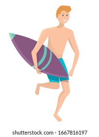 Surfer running with board. Vector illustration in flat style isolated on white background.