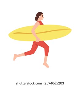 Surfer runs towards the ocean, carrying a bright yellow surfboard, ready to ride the waves. Flat vector illustration isolated on white background