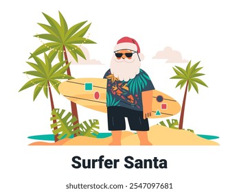 Surfista Santa na praia com prancha tropical camisa palmeiras sandy shore verão tema de férias