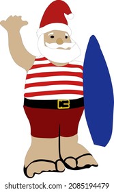 Surfer Santa with striped shirt and flip flops and surf board