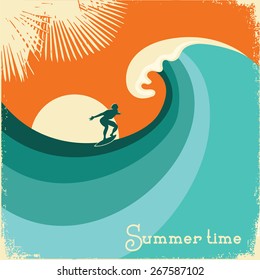 Surfer and sea wave.Retro poster background on old paper texture for design