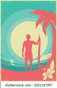 Surfer and sea waves tropical island.Vector poster on vintage background
