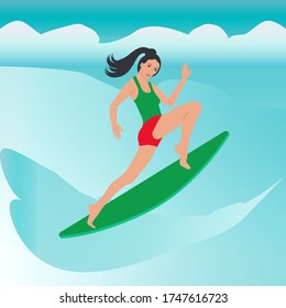 Surfer - seascape, wave, clouds - vector. Travel.  