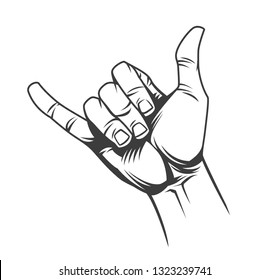 Surfer or shaka hand sign concept in vintage monochrome style isolated vector illustration