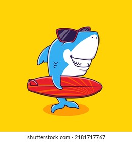 Surfer shark cartoon vector illustration. Blue surfer shark icon cartoon mascot isolated on white background