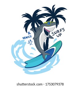 Surfer shark character design.Shark drawing.Fun t-shirt design for kids. Fashion fabrics, textile graphics, vector print.