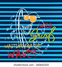 surfer shark with glasses on the beach, T-shirt design, striped background vector illustration