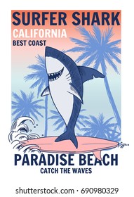 Surfer shark illustration with typo for t shirt and other uses