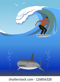 Surfer and a shark in the ocean are shown in the image.