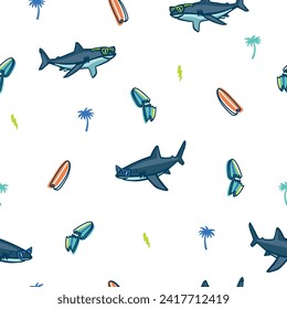 Surfer shark seamless print.Cool Shark character design.Fun t-shirt design for kids. Fashion fabrics, textile graphics, vector print.