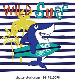 surfer shark vector illustration, wild surf with shark on the beach, T-shirt graphics design for kids