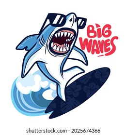 Surfer shark vector print.Surfboard drawing.Fun t-shirt design for kids.Vector illustration design for fashion fabrics, textile graphics, print.
