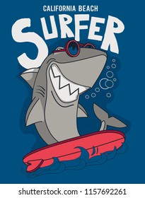 vector de tiburón surfista con tabla de surf