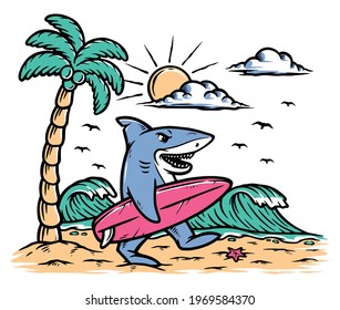 Surfer sharks on the beach illustration