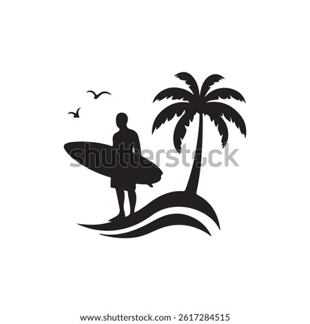 Surfer Silhouette at Beach Scene with Palm Trees