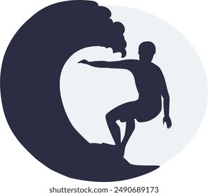 Borde de silueta de surfista, olas de equitación, actividades de verano. Ilustración vectorial 