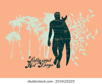 Ilustração de silhueta de surfista com coqueiros e elementos decorativos.