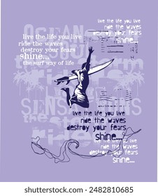 Surfer silhouette illustration jumping in composition with worn lettering in the background.