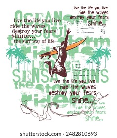 Surfer silhouette illustration jumping in composition with worn lettering in the background.