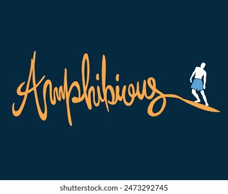 Surfer silhouette illustration with lettering. Handmade drawing.