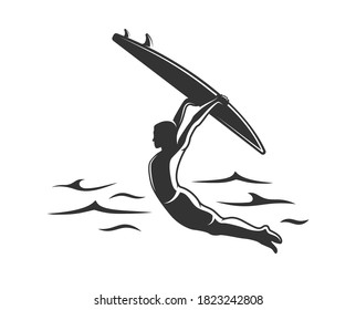 Surfer silhouette isolated on white background. Design elements. Vector illustration