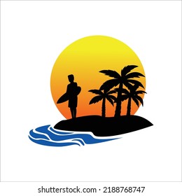 surfer silhouette. man stand in an island. extreme sport sign and symbol.
