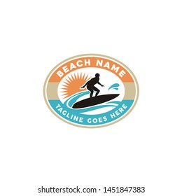 Surfer Silhouette with ocean sea wave and sun for Summer Beach Surf Retro Label Badge Emblem Logo design