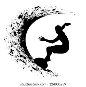 Surfer silhouette on grunge background