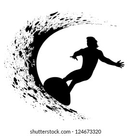 Surfer silhouette on grunge background