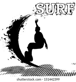 Surfer silhouette on grunge background, vector illustration