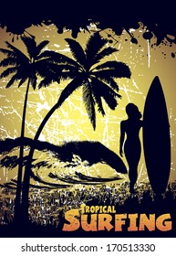 surfer silhouette on grunge background