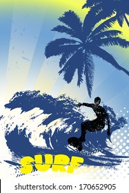 surfer silhouette on grunge background