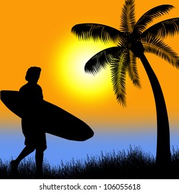 Surfer silhouette on tropical sunset, vector illustration