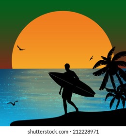 Surfer silhouette on tropical sunset, vector illustration