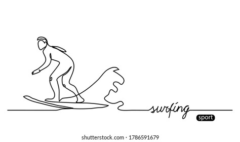 Surfer silhouette outline. Surfing simple vector background, illustration. One continuous line drawing international day banner.