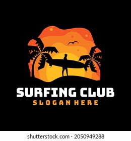 Surfer silhouette sunset logo template