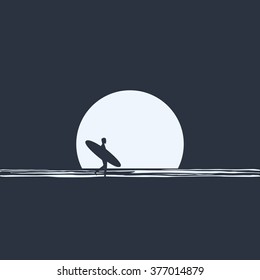 Surfer silhouette walking in front of moon on the beach at night holding his surfboard. Active freedom lifestyle concept. Eps10 vector illustration.