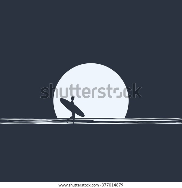 Surfer Silhouette Walking Front Moon On Stock Vector (Royalty Free ...