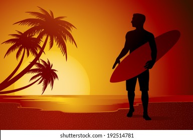 Surfer silhouette walking on the beach in the summer sunset vector illustration