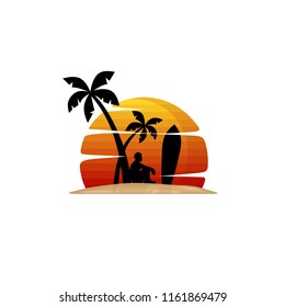 surfer sitting on beach under palm tree