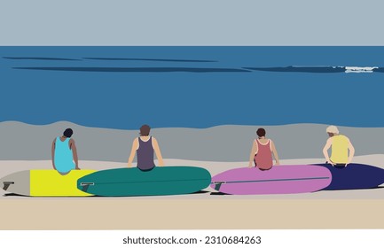 Surfer sitting on the surfboard and see the ocean with blue sky 